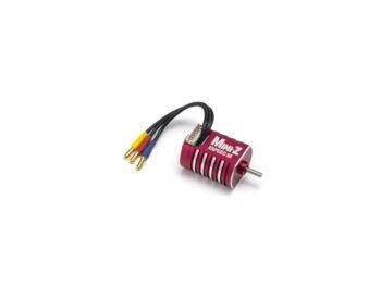 De foto toont een kleine, rode cilindervormige motor met verticale groeven en een zilverkleurige as. Er zijn drie draden met gekleurde connectoren (geel, blauw, rood) die uit de motor komen.