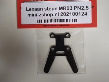 Op de foto is een zwart, lexaan onderdeel te zien, verpakt in een plastic zakje en bevestigd aan een rood kartonnen label van Mini-zshop.nl. Het onderdeel heeft een complexe, symmetrische vorm met diverse gaten voor bevestiging.