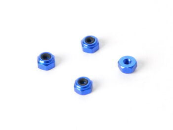 De afbeelding toont vier glanzende, blauwe zeskantige moeren met een zwarte ring aan de binnenkant van de opening. Eén moer is omgedraaid, waardoor de schroefdraad zichtbaar is.