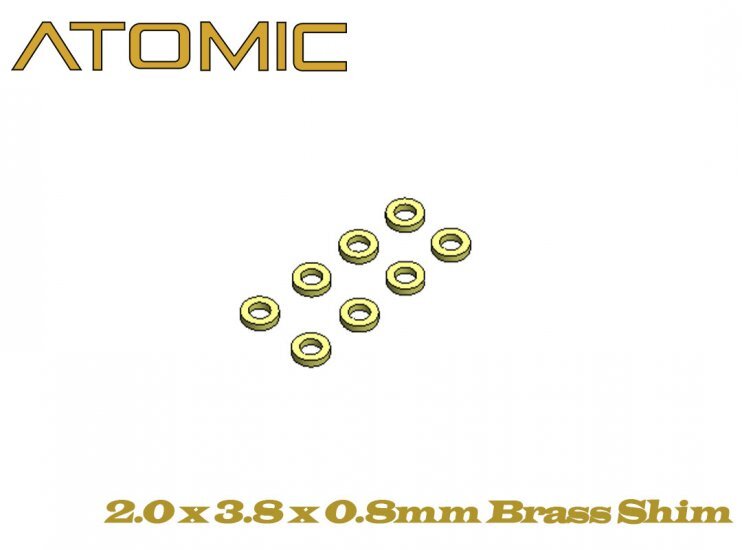 TS-160 De afbeelding toont acht kleine, ringvormige onderdelen die goudkleurig lijken te zijn. Boven de onderdelen staat het logo 'ATOMIC' in dezelfde gouden kleur.