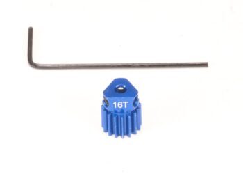 Op de foto is een blauw metalen tandwiel te zien met de inscriptie '16T', samen met een zwarte inbussleutel. Het tandwiel heeft een cilindrische vorm met vertanding aan de zijkant en een zeskantige opening aan de bovenkant.