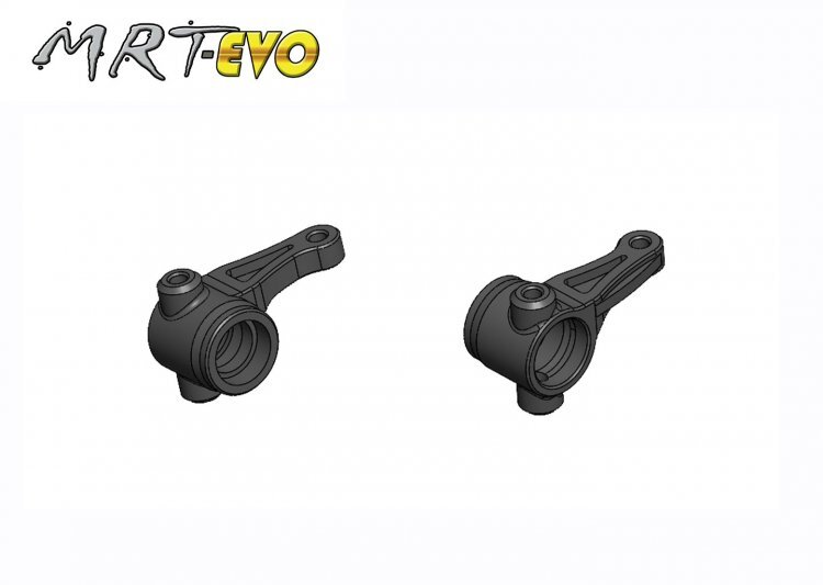 MRTEVO-02 De afbeelding toont twee identieke, donkergrijze of zwarte metalen onderdelen, waarschijnlijk stuurknokkels, met een complexe vorm en diverse gaten voor bevestiging. Bovenaan de afbeelding staat het logo 'MRT EVO'.