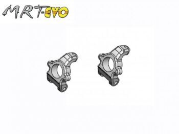 De afbeelding toont twee grijze, metalen onderdelen, waarschijnlijk stuurknokkels, met een complex, hoekig ontwerp. Bovenaan de afbeelding staat het logo 'MRT-EVO' in grijze en gouden letters.