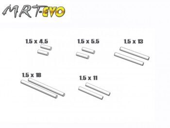 De afbeelding toont vijf sets van twee witte, cilindervormige pinnen van verschillende lengtes, met de afmetingen 1.5 x 4.5, 1.5 x 5.5, 1.5 x 13, 1.5 x 18 en 1.5 x 11 mm ernaast vermeld. Bovenaan staat het logo 'MRT-EVO'.