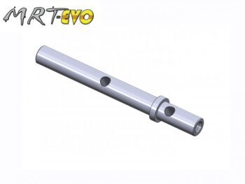 De afbeelding toont een zilverkleurige, cilindervormige metalen staaf met meerdere gaten en een schroefdraad aan één uiteinde. Het lijkt een onderdeel te zijn voor een mechanisch systeem.