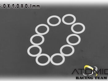 De afbeelding toont tien witte, ringvormige shims die in een cirkel liggen op een donkergrijze achtergrond. Links bovenin staat de tekst '3.0 X 4.0 X 0.1mm' en rechts onderin het logo van 'ATOMIC RACING TEAM'.