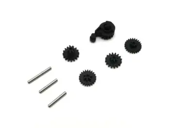 De afbeelding toont een set zwarte plastic tandwielen van verschillende groottes en drie metalen pinnen. Er is ook een complexer zwart plastic onderdeel met een tandwielmechanisme.