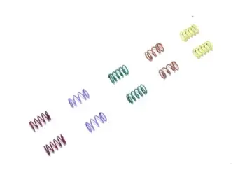 De afbeelding toont een set van vijf verschillende gekleurde veren, waaronder paars, rood, groen en geel. De veren zijn klein en lijken gemaakt te zijn van metaal.