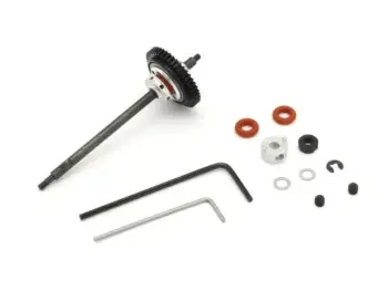 The image shows a set of parts for a differential, including a long shaft with a gear and various small components such as O-rings, shims and Allen keys. The main colours are black, silver and orange.