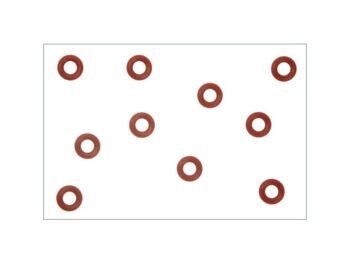 The image shows ten small, round, reddish-brown O-rings scattered across a white background. They are made of a flexible material, probably rubber or silicone.