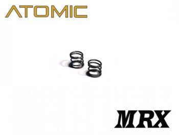 De afbeelding toont twee kleine, zwarte metalen veren met een spiraalvorm. Ze liggen op een witte achtergrond, met het merk "ATOMIC" en "MRX" prominent aanwezig.