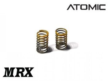 De afbeelding toont twee gele, metalen spiraalveren op een witte achtergrond. Bovenin staat het logo 'ATOMIC' en linksonder 'MRX'.