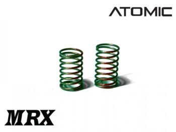 De foto toont twee groene metalen spiraalveren op een witte achtergrond. Bovenin staat 'ATOMIC' en linksonder 'MRX' in zwarte letters.