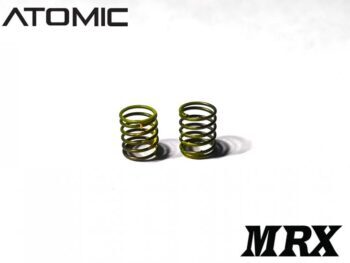De afbeelding toont twee gele metalen spiraalveren op een witte achtergrond. Bovenin staat het logo 'ATOMIC' en rechtsonder 'MRX'.