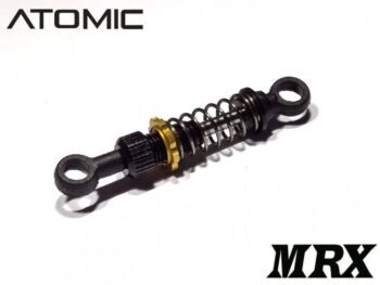 De foto toont een schokdemper voor een RC-auto, voornamelijk zwart met een zilveren veer en een gouden verstelring. Het product heeft een cilindrische vorm met bevestigingspunten aan beide uiteinden.