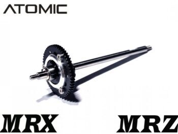 De afbeelding toont een zwart tandwiel met een zilverkleurige as en een zilverkleurige behuizing. Het product is een differentieel voor een RC-auto.