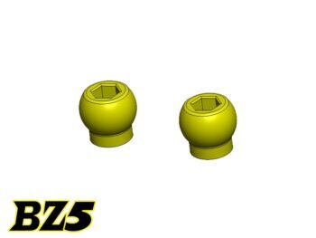 De afbeelding toont twee gele, bolvormige onderdelen met een zeskantige opening aan de bovenzijde en een ronde basis. Ze lijken gemaakt van metaal of een hard plastic.