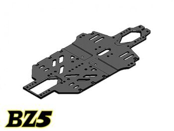 De afbeelding toont een donkergrijs tot zwart chassis van een RC auto, met diverse uitsparingen en gaten voor bevestiging. Het heeft een langwerpige, platte vorm en de tekst 'BZ5' in geel met een zwarte rand is linksonder in de afbeelding te zien.