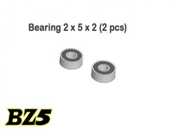 De afbeelding toont twee grijze lagers met een zwarte afdichting aan de zijkant. Boven de lagers staat de tekst 'Bearing 2 x 5 x 2 (2 pcs)' en linksonder staat een geel met zwart logo 'BZ5'.