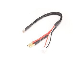 De afbeelding toont een laadkabel met aan de ene kant een JST-PH connector en aan de andere kant twee 4mm banaanstekkers. De kabel is omhuld met een zwarte gevlochten bescherming.