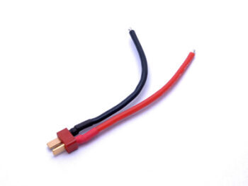 De foto toont een T-plug connector met rode en zwarte draden. De connector zelf is rood met gouden contactpunten.