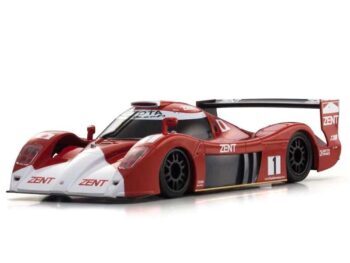 De foto toont een rode en witte modelauto met zwarte wielen en een spoiler. De auto heeft het nummer 1 en de tekst 'ZENT' op de carrosserie.
