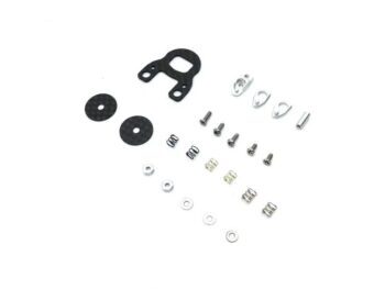 The photo shows a collection of small parts, including screws, washers and other components. The parts are made of metal and black material.