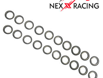 De afbeelding toont een set van twintig zilverkleurige metalen ringen, gerangschikt in twee rijen. Boven de ringen staat het logo van Nexx Racing.