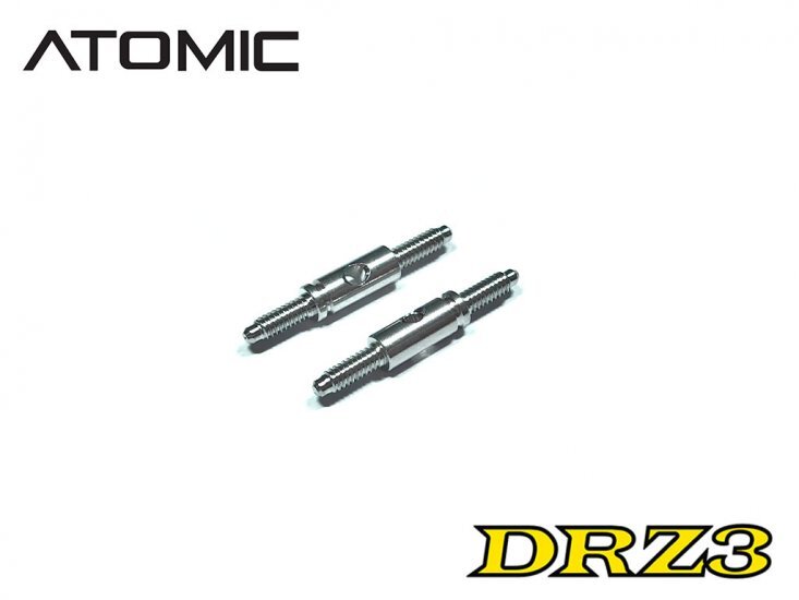 DRZ3-09 De foto toont twee metalen turnbuckles met schroefdraad aan beide uiteinden. De turnbuckles zijn zilverkleurig en hebben een cilindrische vorm met een gat in het midden.