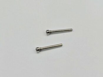 De foto toont twee metalen pennen met schroefkoppen. De pennen zijn zilverkleurig en liggen op een witte achtergrond.