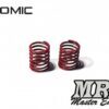 De foto toont twee rode veren. De veren zijn spiraalvormig en lijken van metaal te zijn gemaakt.