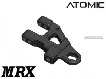 De afbeelding toont een zwarte, metalen draagarm voor een auto. De arm heeft een complexe vorm met gaten en uitsparingen.