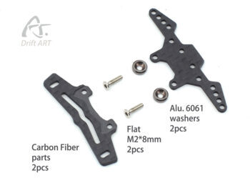 De foto toont zwarte carbon fiber onderdelen met zilverkleurige schroeven en ringen. De onderdelen zijn van het merk Drift ART.