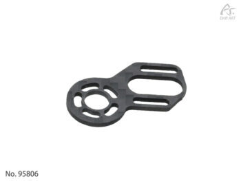 De foto toont een zwarte motor mount gemaakt van carbon fiber. Het heeft een ronde vorm met gaten en een rechthoekig gedeelte met sleuven.
