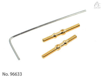 De foto toont een set turnbuckles met gouden kleur en een inbussleutel. De turnbuckles zijn van metaal en hebben een schroefdraad.
