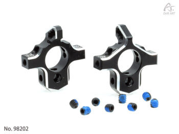 De foto toont twee zwarte aluminium achterste hub sets met zilveren accenten. Er liggen ook een aantal kleine schroeven met blauwe uiteinden.