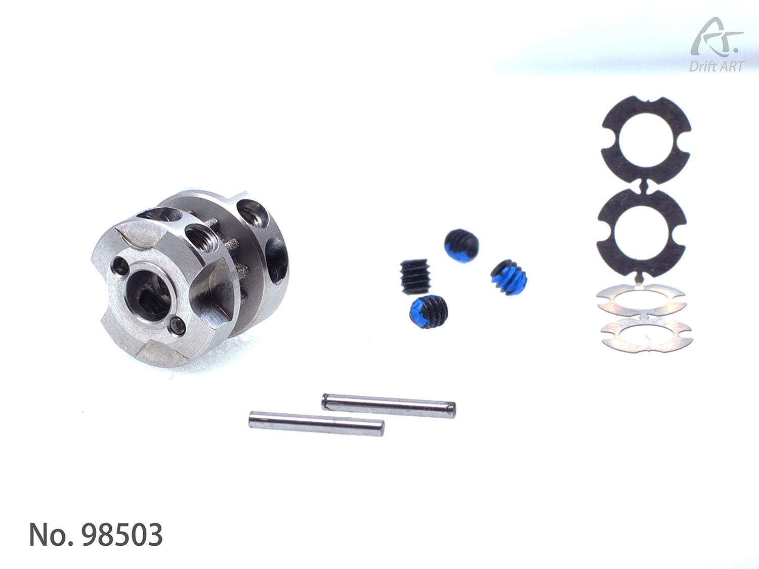 98503 New Steel Sandwich Gear De foto toont een set metalen onderdelen, waaronder een tandwiel, schroeven en ringen. De onderdelen zijn voornamelijk zilverkleurig met enkele blauwe accenten.