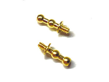 De foto toont twee gouden kogellagers met schroefdraad. De kogellagers hebben een bolvormig design.