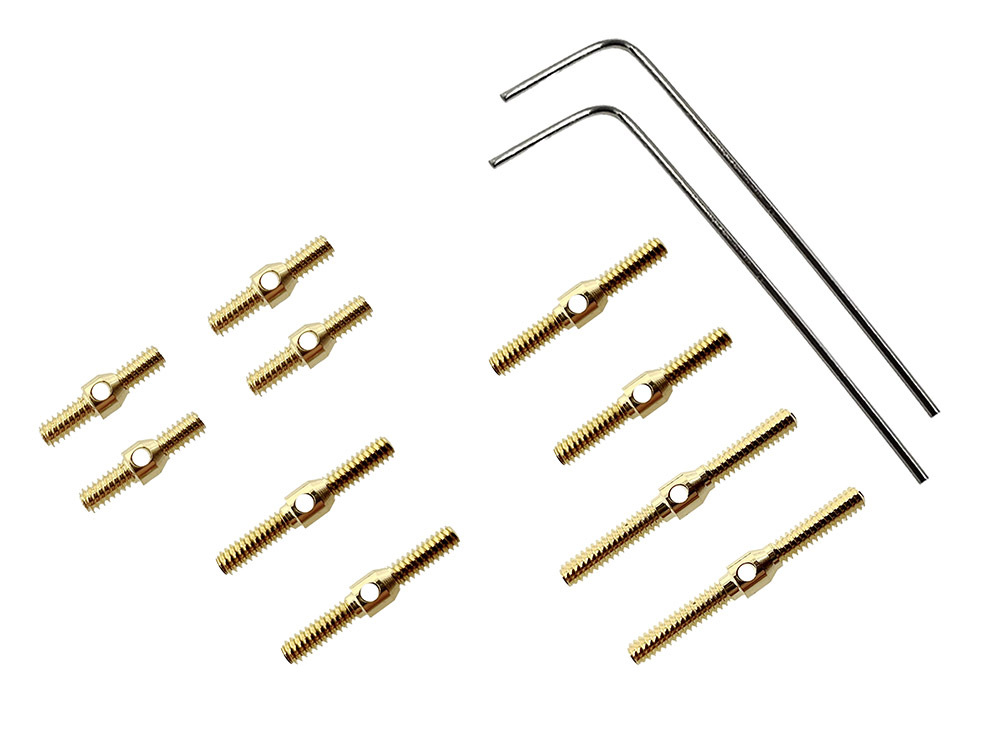 DA-TRN-442 The photo shows a set of gold ball bearings and two metal wrenches. The ball bearings have a thread and a hole in the centre.