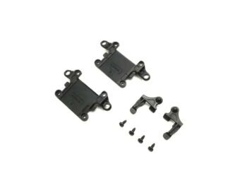 The photograph shows a set of black plastic parts, including suspension arms and mounting plates, along with small screws. The parts are likely intended for a model car.