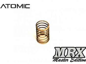 De afbeelding toont een enkele metalen veer met een gouden, lichtbruine kleur. Boven de veer staat het logo 'ATOMIC' en rechtsonder het logo 'MRX Master Edition'.