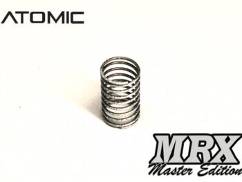 De afbeelding toont een metalen veer met een spiraalvormig ontwerp. Boven de veer staat het logo 'ATOMIC' en rechtsonder staat 'MRX Master Edition'.
