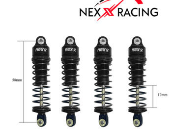De foto toont vier zwarte schokdempers met zilverkleurige veren. De schokdempers hebben het Nexx Racing logo erop.