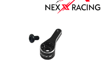 De foto toont een zwarte servo horn met een bijbehorende schroef. Het product heeft een metalen uitstraling en is voorzien van het Nexx Racing logo.