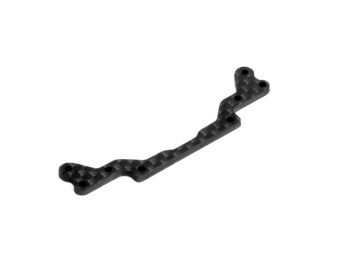 De afbeelding toont een zwarte carbon fiber plaat met meerdere gaten. De plaat heeft een onregelmatige vorm met verschillende uitsteeksels.