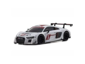 De foto toont een witte modelauto van een Audi R8 LMS. De auto heeft zwarte wielen en rode accenten, en een achtervleugel.