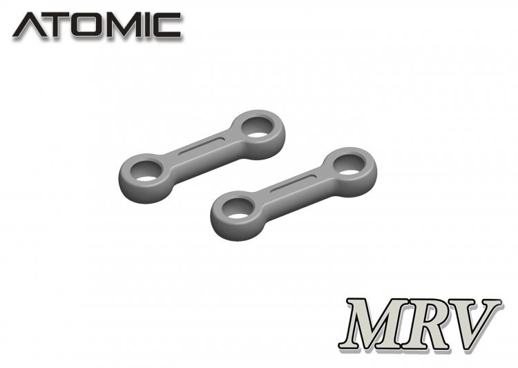 MRV-02 Op de foto zie je twee grijze, metalen onderdelen die aan beide zijden een rond gat hebben. De onderdelen zijn langwerpig en lijken op een soort schakel of verbinding.