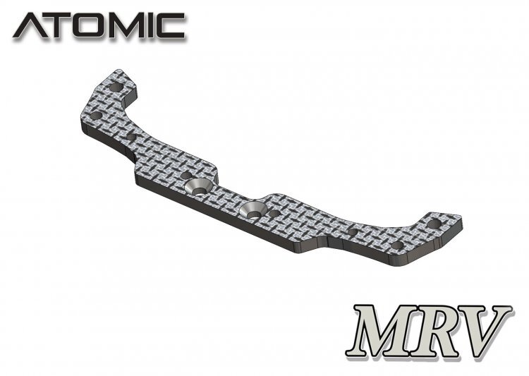 MRV-09 De foto toont een zwarte carbon fiber bovenplaat met een ruitpatroon. De plaat heeft gaten voor bevestiging en is van het merk Atomic.