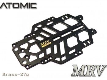 De foto toont een zwart chassis met een open ontwerp. Het chassis heeft gaten en uitsparingen en bevat de logo's van MRV en Atomic.
