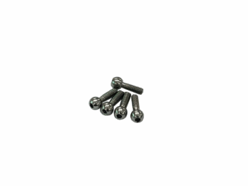 De foto toont vijf titanium pivot ball schroeven. De schroeven hebben een bolvormige kop en een schroefdraad.